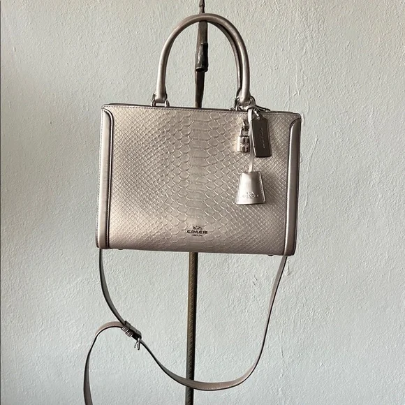 Coach Zoe Platinum Python Embossed Leather Tote/Satchel Bag w/Lock Detail - Picture 2 of 10